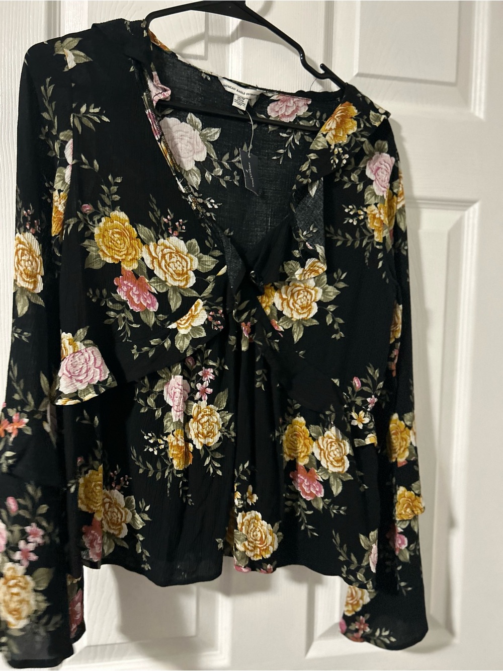 American Eagle Outfitters Black Floral Tie-Front Blouse with Yellow & Pink Roses
